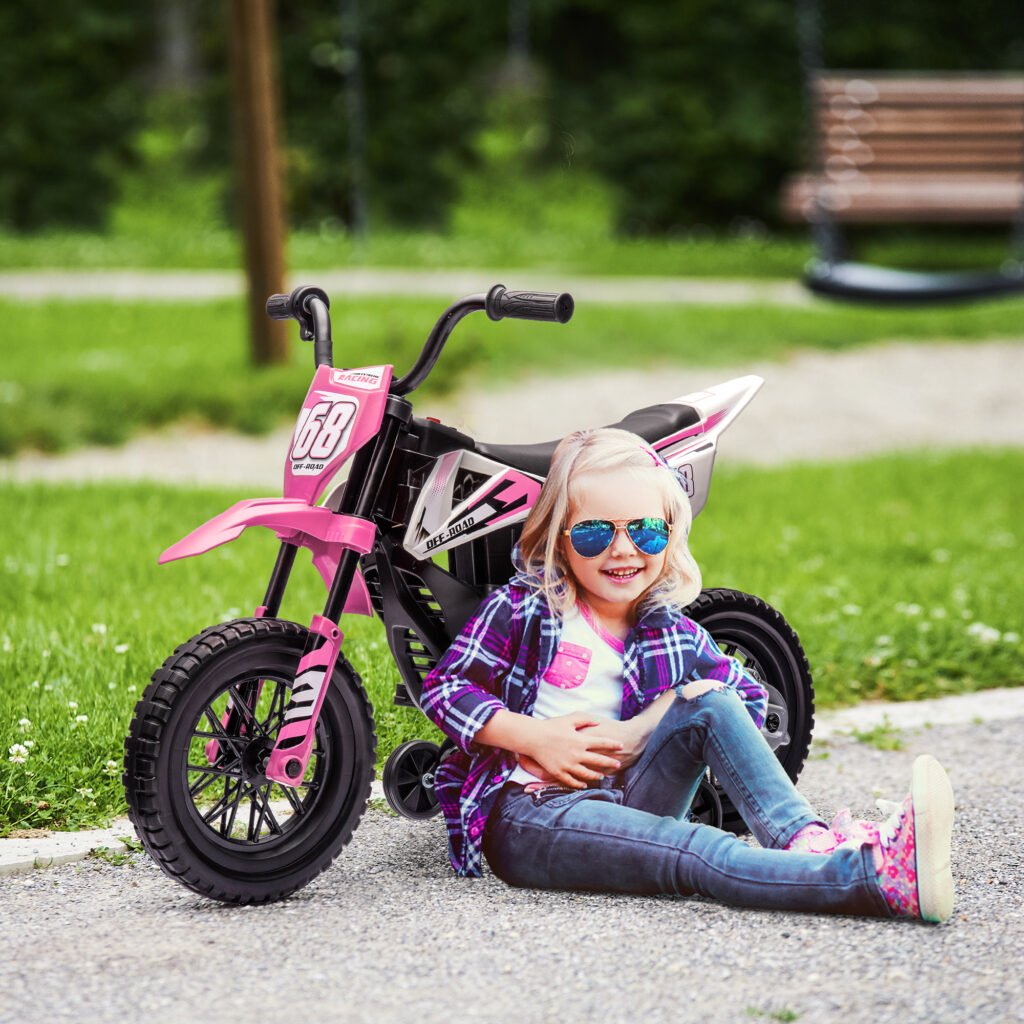 12V Kids Electric Motorcycle w/ Twist Grip Throttle, Training Wheels, Rear Suspension & Music, Pink